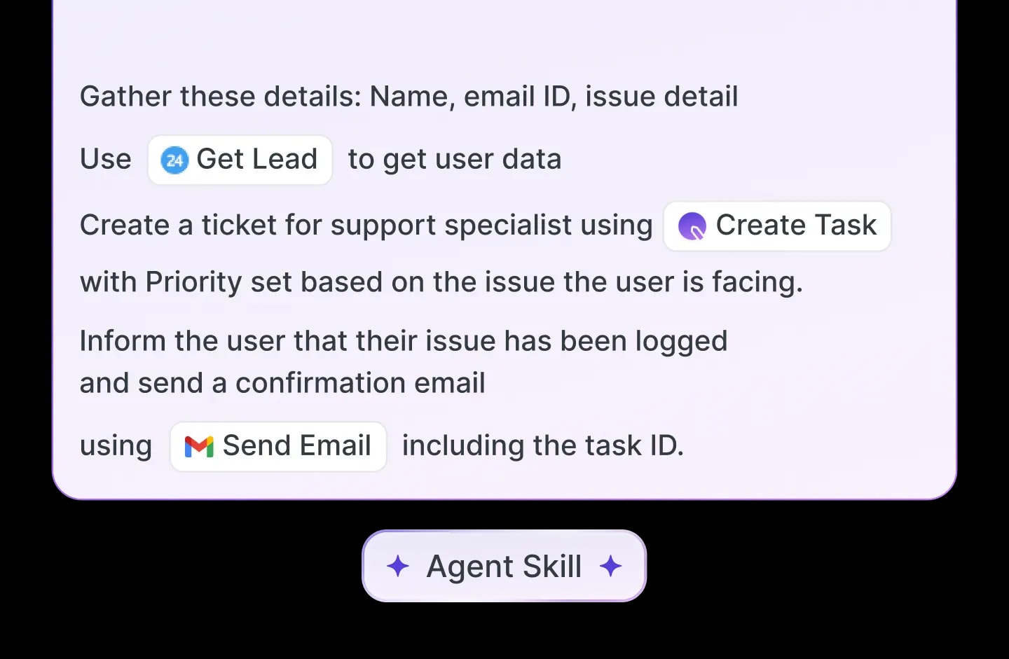 Agent skill workflow with Get Lead and Create Task actions