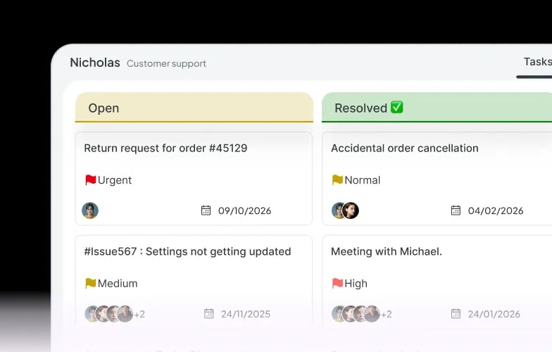 Task management board with open and resolved tickets